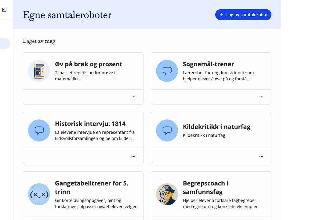 Oversikt over egne samtaleroboter med pedagogiske eksempler.