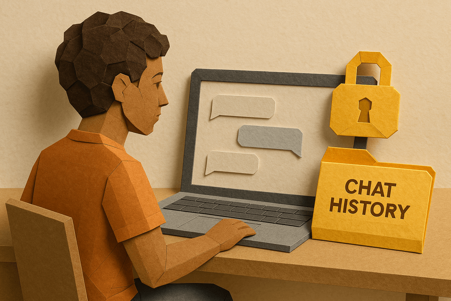 Illustrasjon av en person foran en datamaskin, med en lås og teksten "Chatthistorikk"