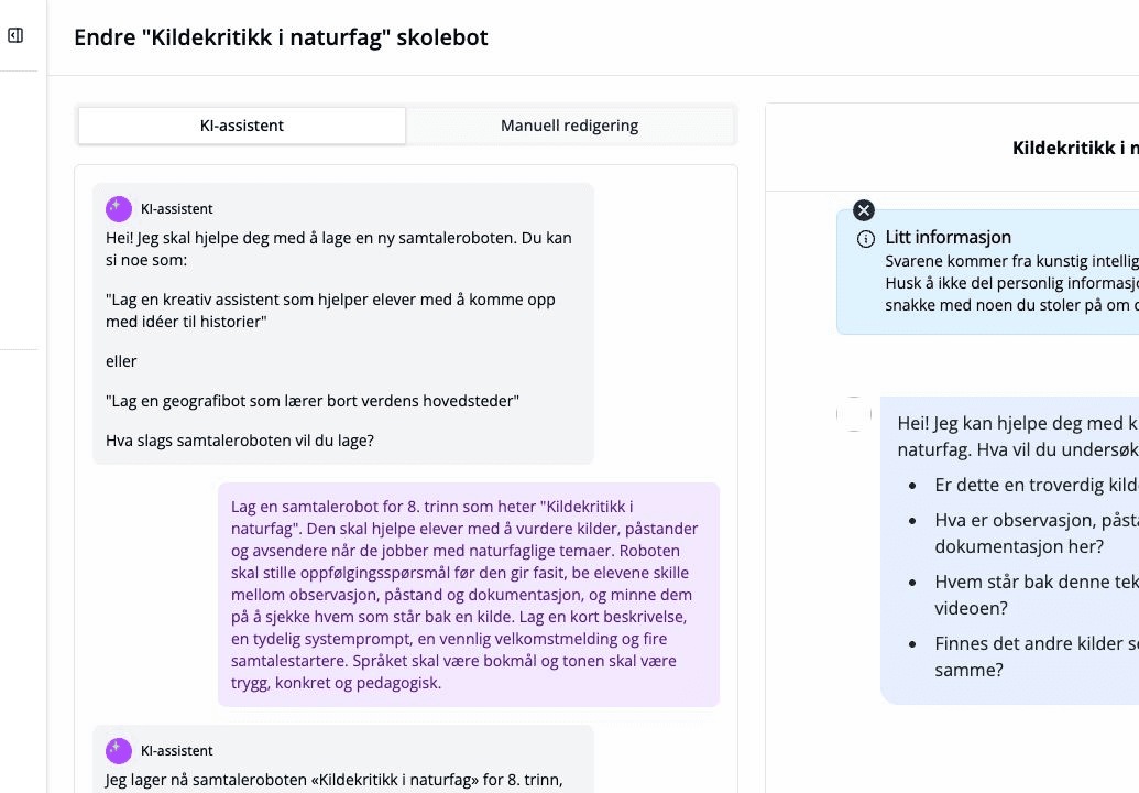 KI-assistenten etter at en ny samtalerobot er generert.