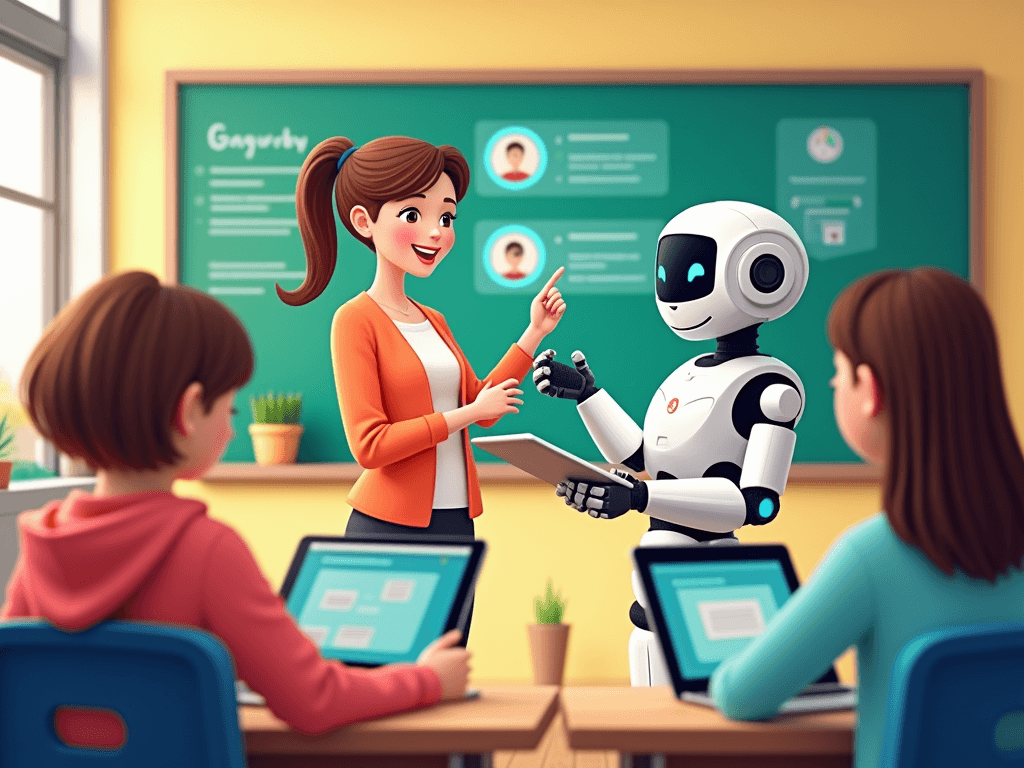 Lærer og robot som samhandler i klasserommet