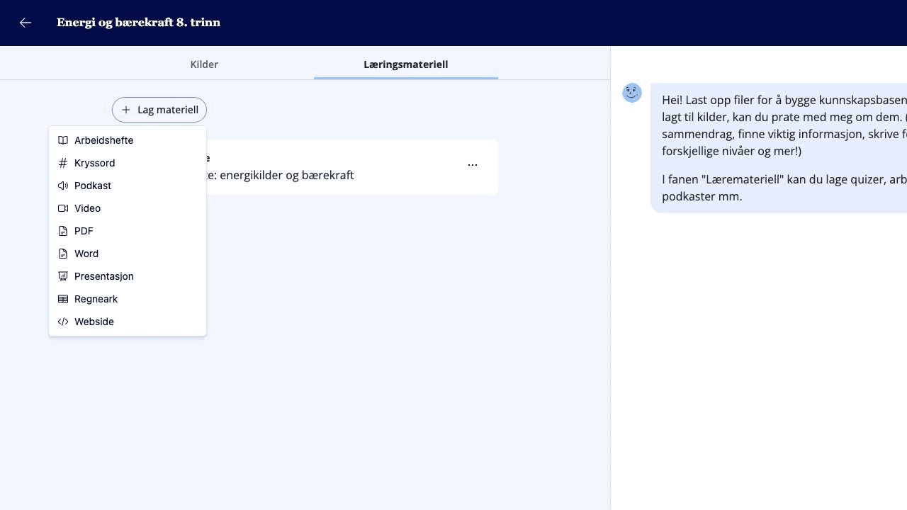 Meny for å lage læremidler i en Hub.