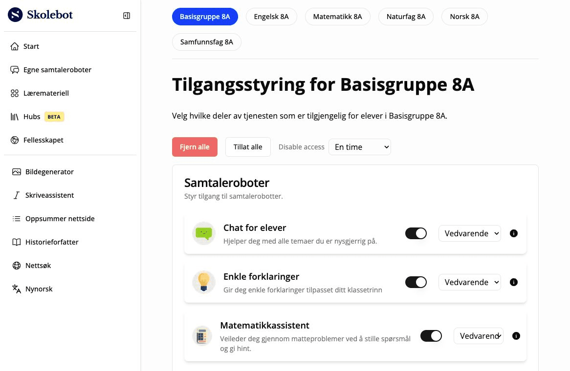 Tilgangsstyring for en klasse med brytere og varighet per funksjon.