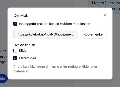 Del-dialog for en Hub med synlighetsvalg.
