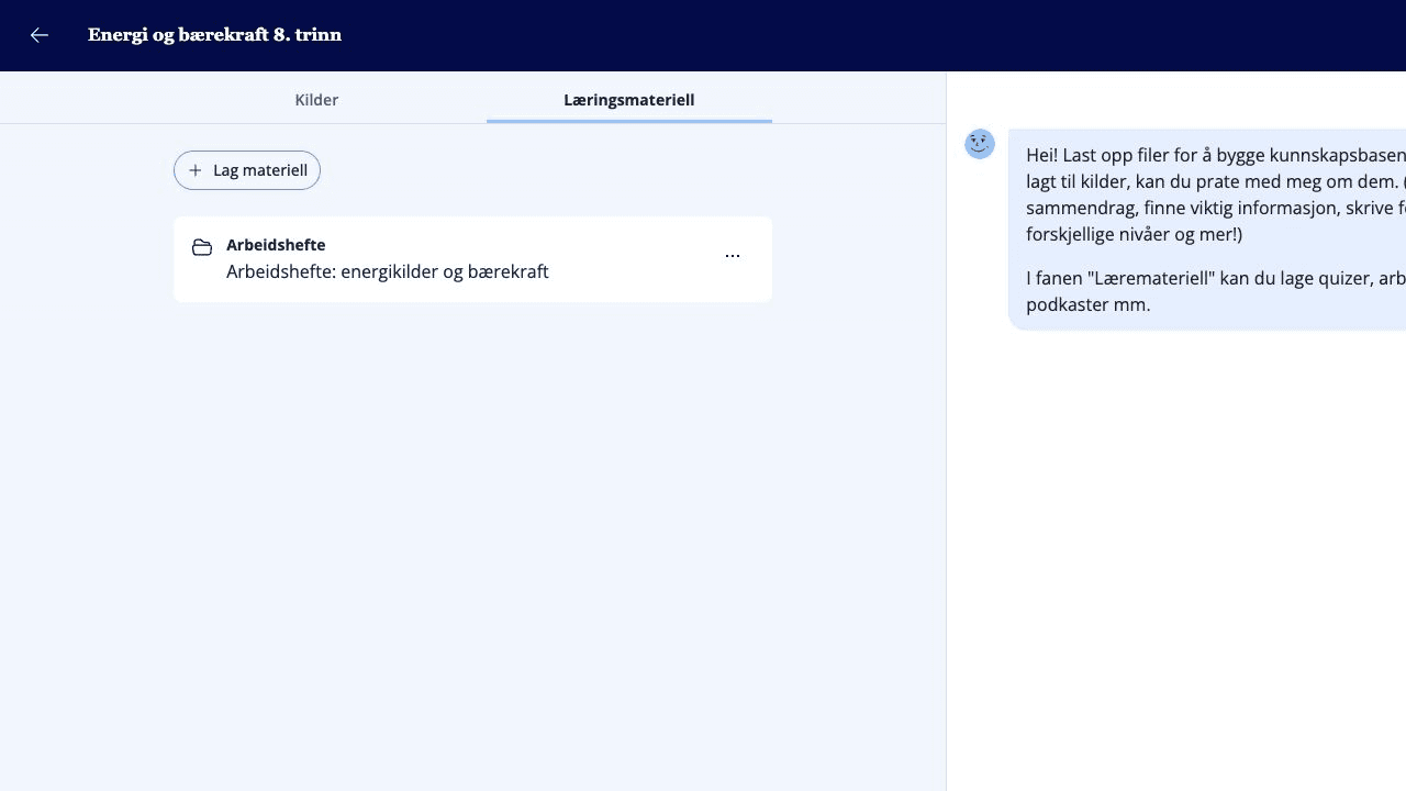 Hub-arbeidsrom med læremidler og chat.