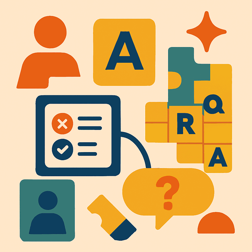 abstrakte elementer av quizer, kryssord og huskekort i klasserommet